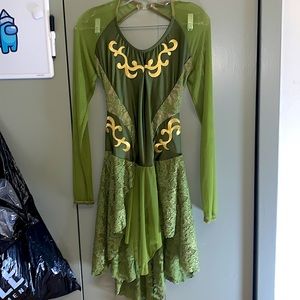 green gold dance costume leotard with mesh